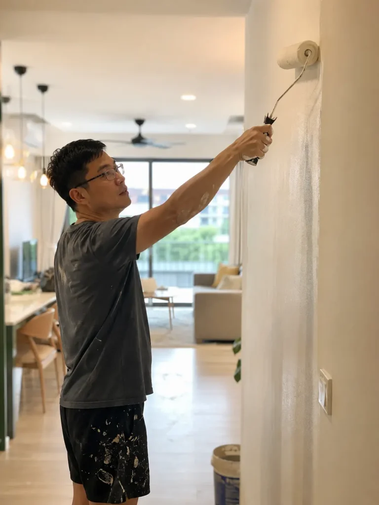 Malaysian homeowner using a paint roller on an interior wall in a bright, modern living room