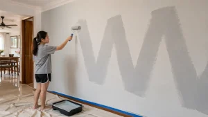 Malaysian homeowner rolling paint onto wall using W-pattern technique with canvas drop cloth below
