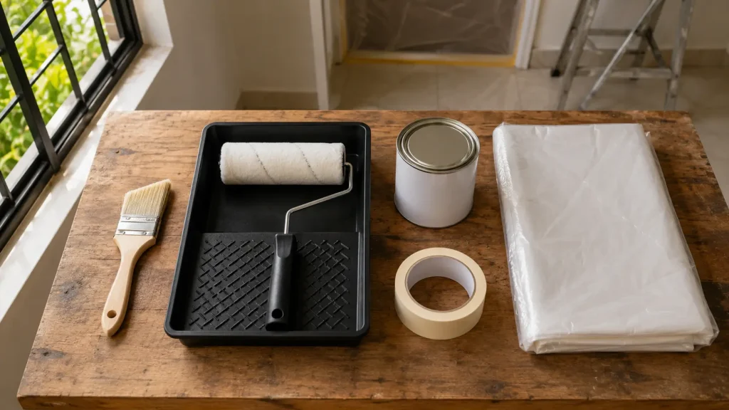 A beginner's painting starter kit — brush, roller, tray, and paint tin — on a workbench in a Malaysian home