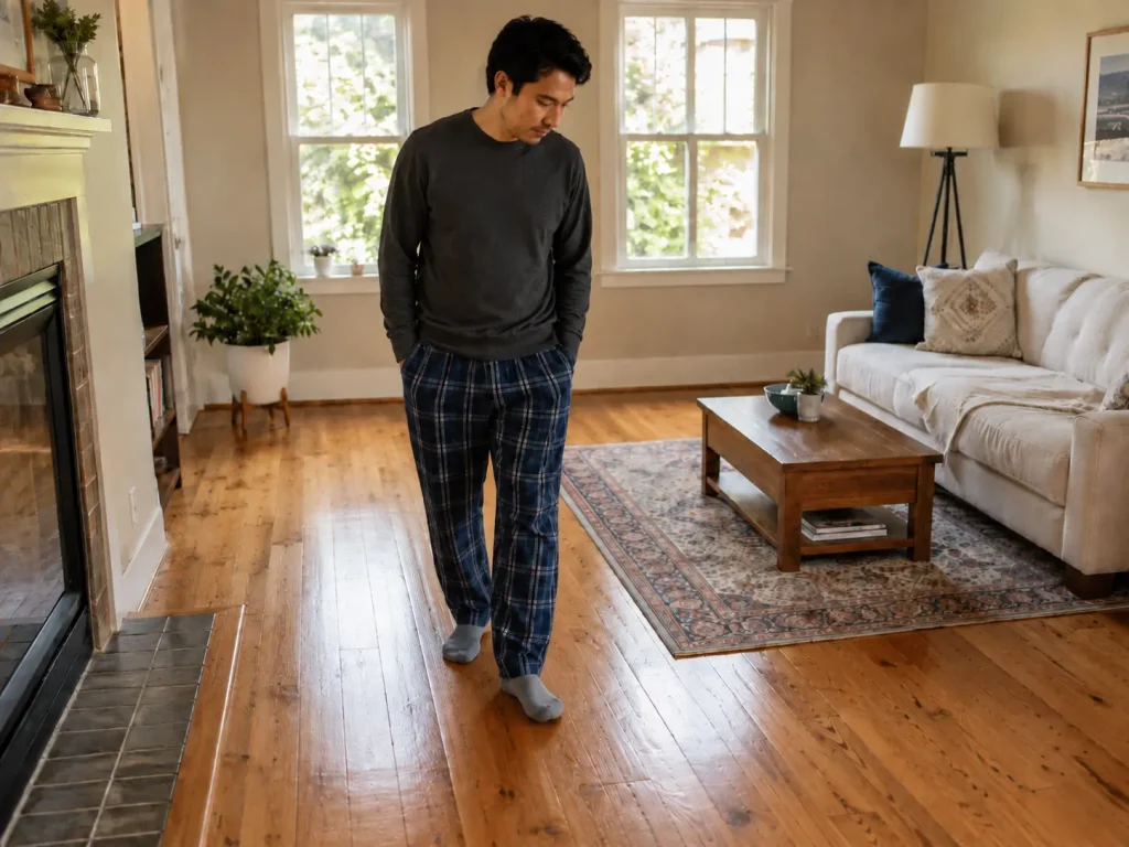 Person walking slowly across a timber floor, testing for squeaky spots in a home