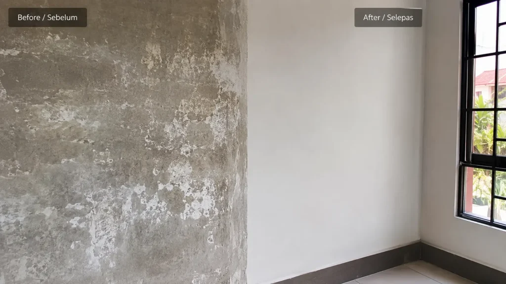 Side-by-side comparison of primed and unprimed wall sections in a Malaysian home interior