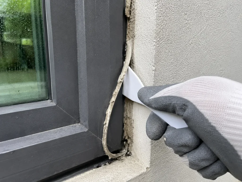 Old cracked sealant being removed from a window frame joint