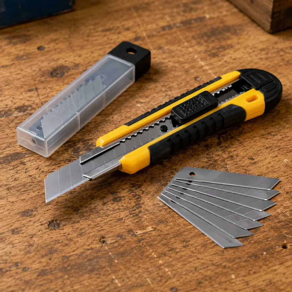 A retractable utility knife with the blade extended, next to a pack of spare blades on a workbench