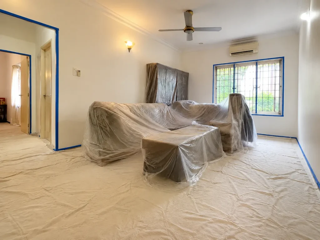 Canvas drop cloth covering floor and blue masking tape applied to skirting boards before painting
