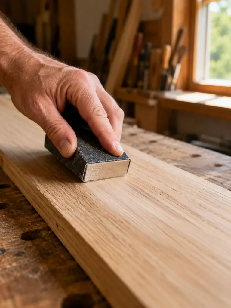 DIY enthusiast sanding along the wood grain on a timber plank, showing correct technique