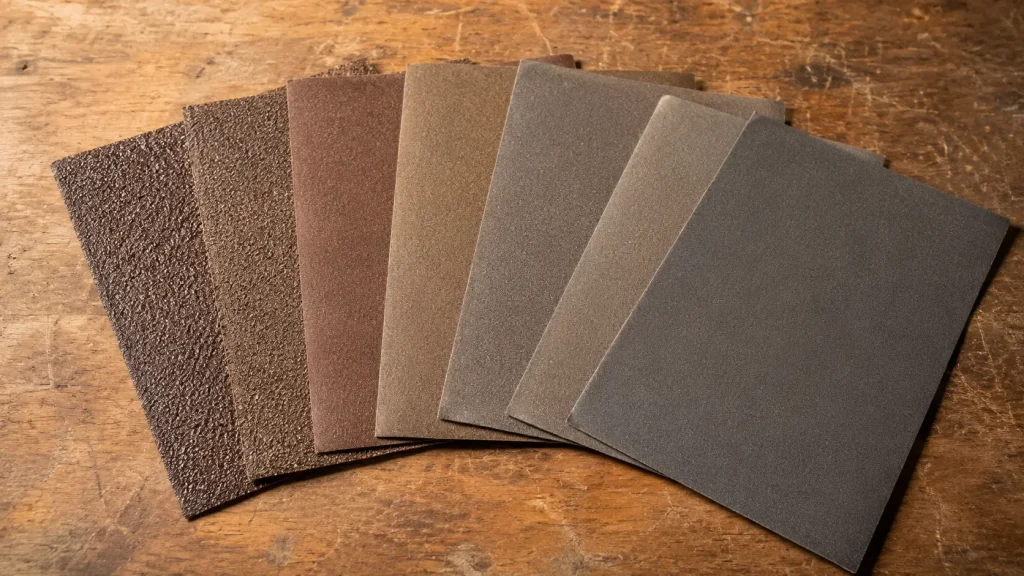 Assorted sandpaper sheets of different grits laid flat on a wooden workbench, DIY workshop