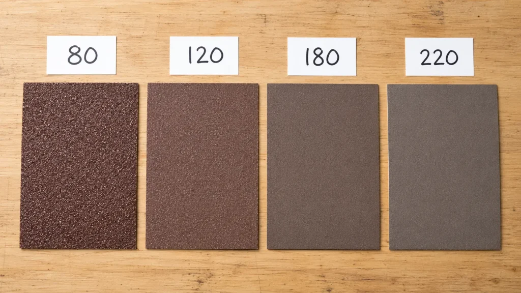 Sandpaper sheets numbered 80 to 220 laid in sequence on a workbench, showing sanding progression