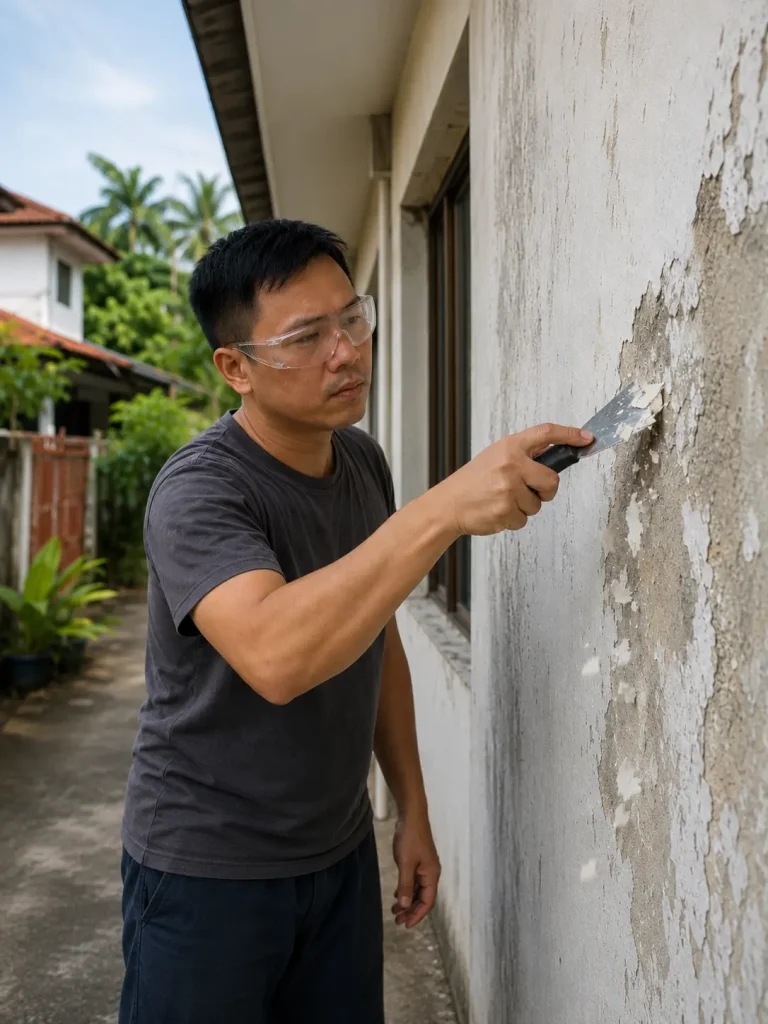 Malaysian man scraping peeling paint off an exterior rendered wall as part of a DIY repaint