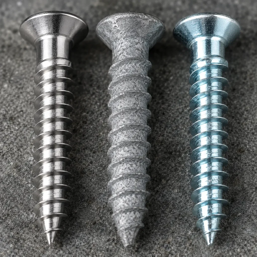 Close-up comparison of stainless steel 304, hot-dip galvanised, and zinc-plated screw surfaces