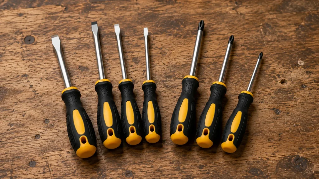 A set of flathead and Phillips screwdrivers in multiple sizes spread out on a workshop bench