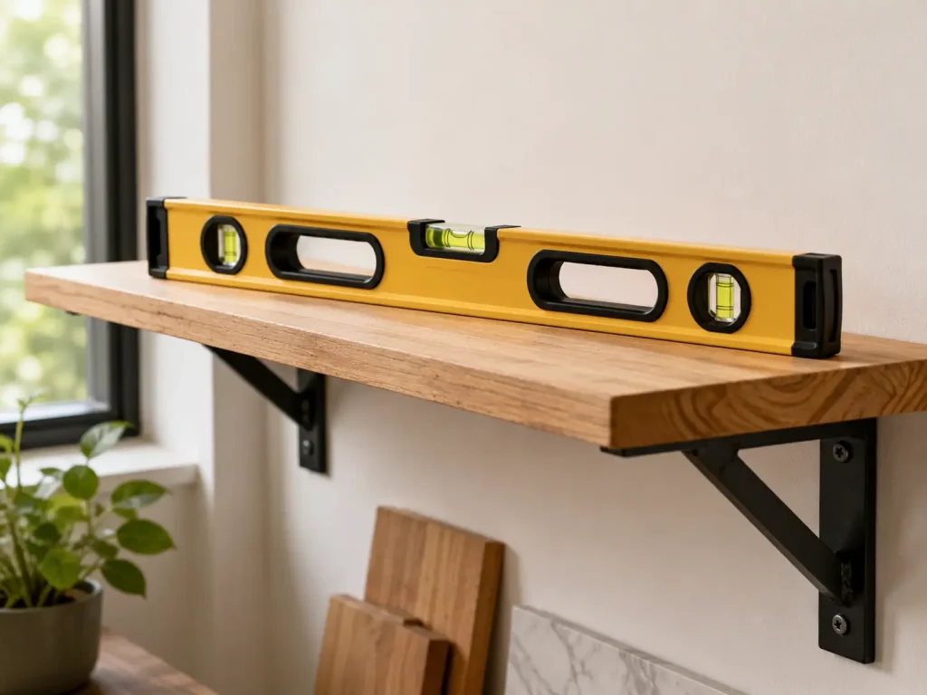 A spirit level placed on a wooden shelf showing the bubble centred, indicating the shelf is level