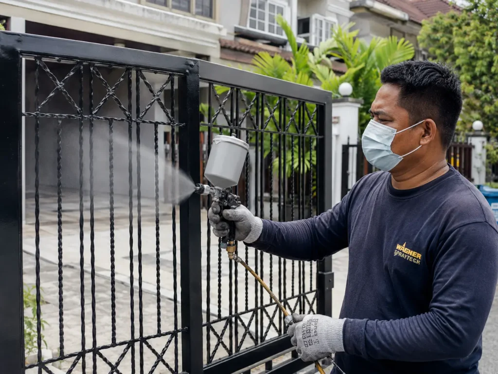 A tradesman spray painting a black metal gate outside a Malaysian double-storey terrace house
