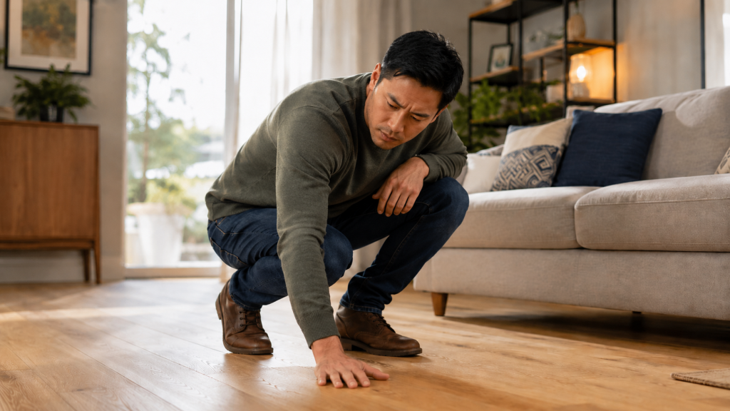 Homeowner kneeling down to inspect a squeaky wooden floor at home