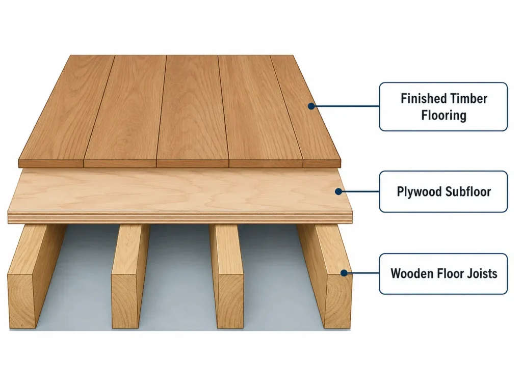 Diagram showing layers of a floor — finished surface, subfloor, and joists beneath