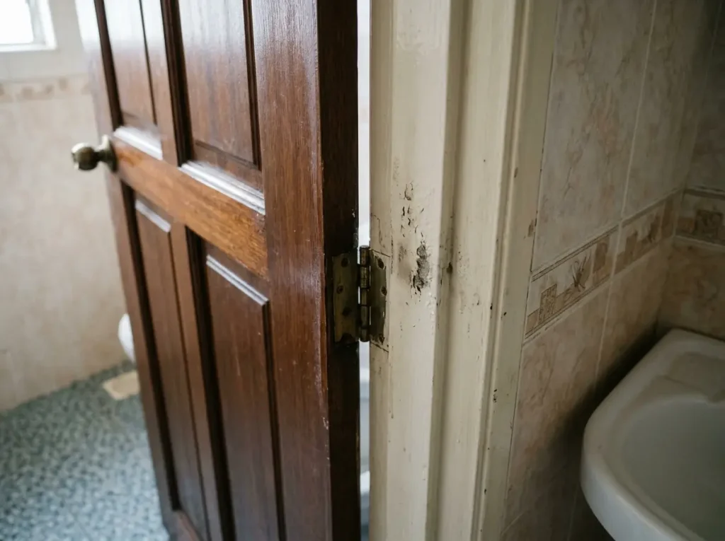 Swollen wooden bathroom door rubbing against a damp door frame.