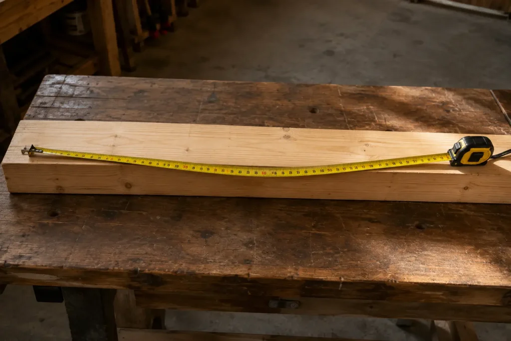 A tape measure sagging in the middle across a long timber board showing inaccurate measurement technique