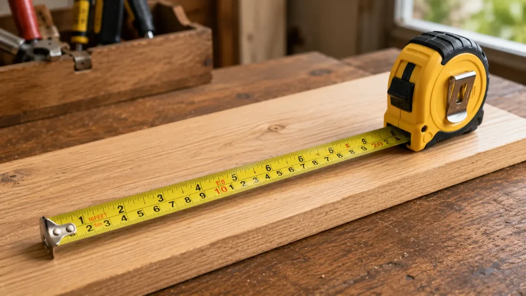 A 25-foot tape measure extended across a timber plank showing measurements, on a workbench