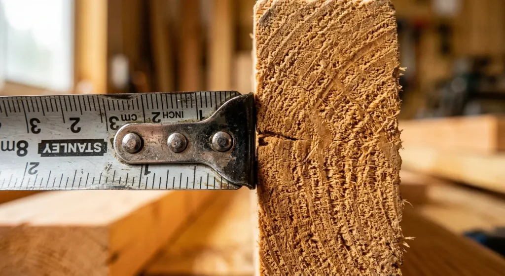 Close-up of a tape measure metal hook against a wooden board edge showing the slight movement gap