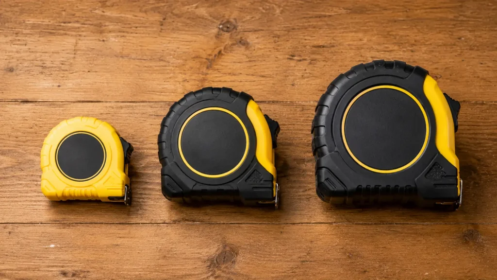 Three different tape measures laid flat on a workbench showing varying sizes from 3m to 10m for comparison