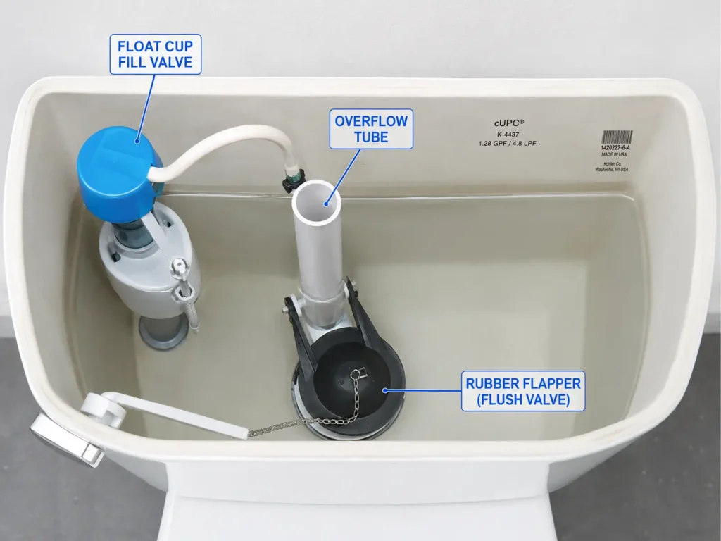Inside of a toilet cistern showing the flapper, fill valve, float, and overflow tube