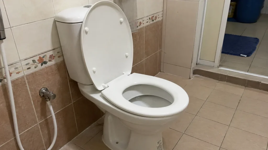 Running toilet cistern in a Malaysian home bathroom with water hissing non-stop
