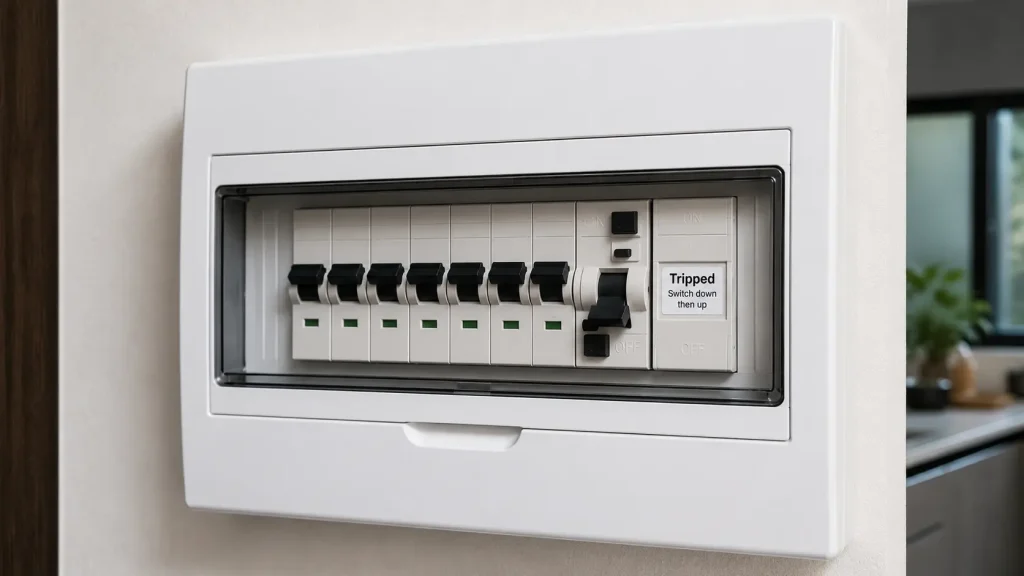 A tripped MCB switch inside a Malaysian home DB box.