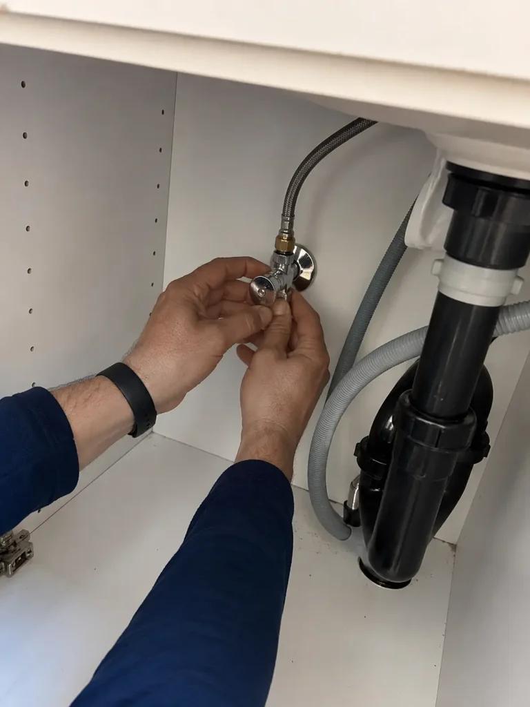 Hands turning off the shut-off valve under a kitchen sink before DIY faucet repair