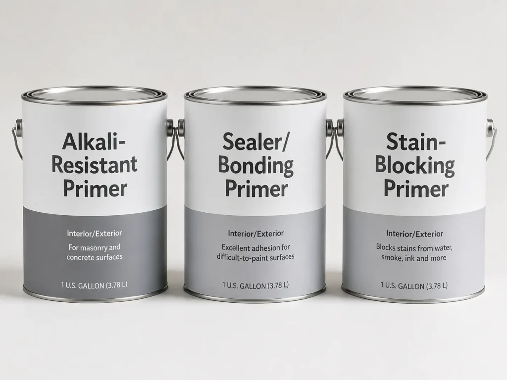 Three different primer cans for Malaysian homes lined up — alkali-resistant, sealer, and stain-blocking types