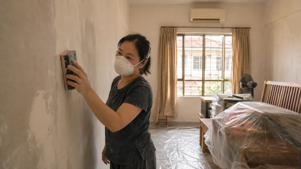 Malaysian homeowner sanding an interior wall before priming in a terrace house bedroom