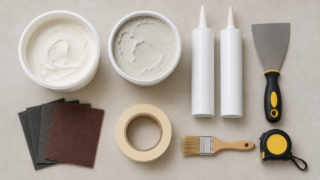 Basic wall repair products and tools arranged for a buying checklist.