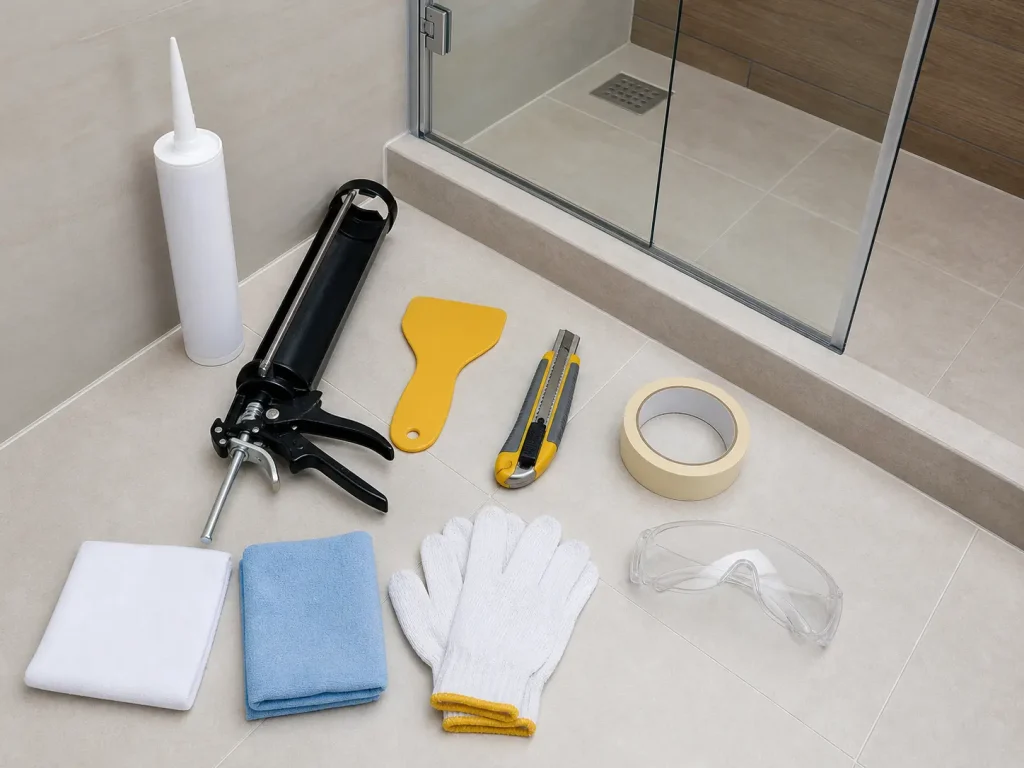 Sanitary silicone, caulking gun, scraper, tape, and gloves arranged beside bathroom tiles