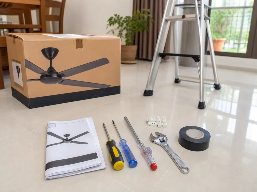 Ceiling fan replacement tools arranged on a tiled floor in a Malaysian home