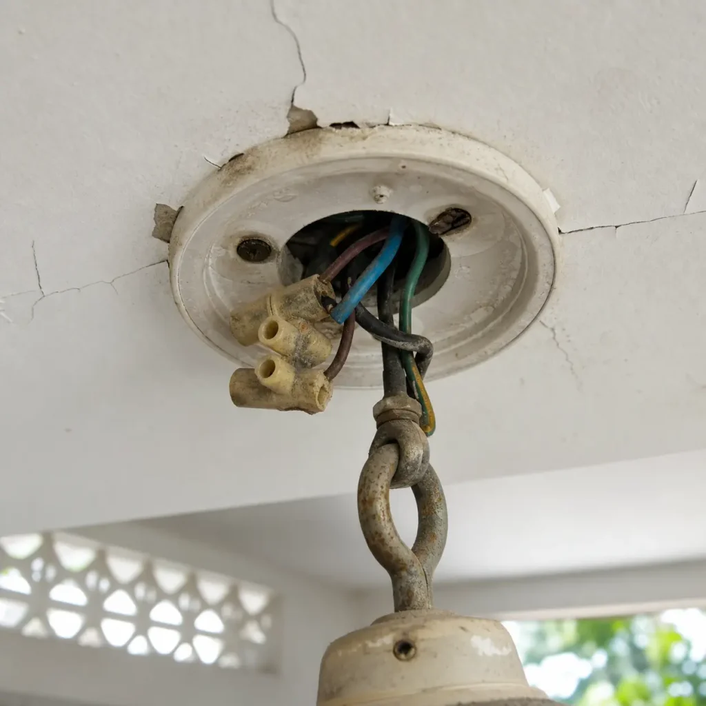 Close-up of damaged ceiling fan wiring and a loose mounting point before replacement