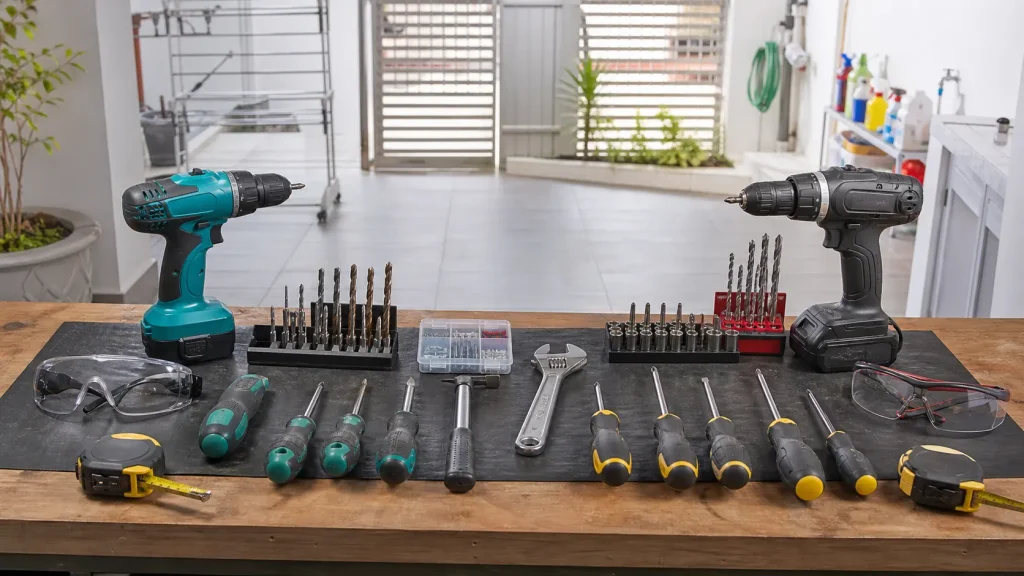 Budget and premium tools laid out on a workbench in a Malaysian home repair setup