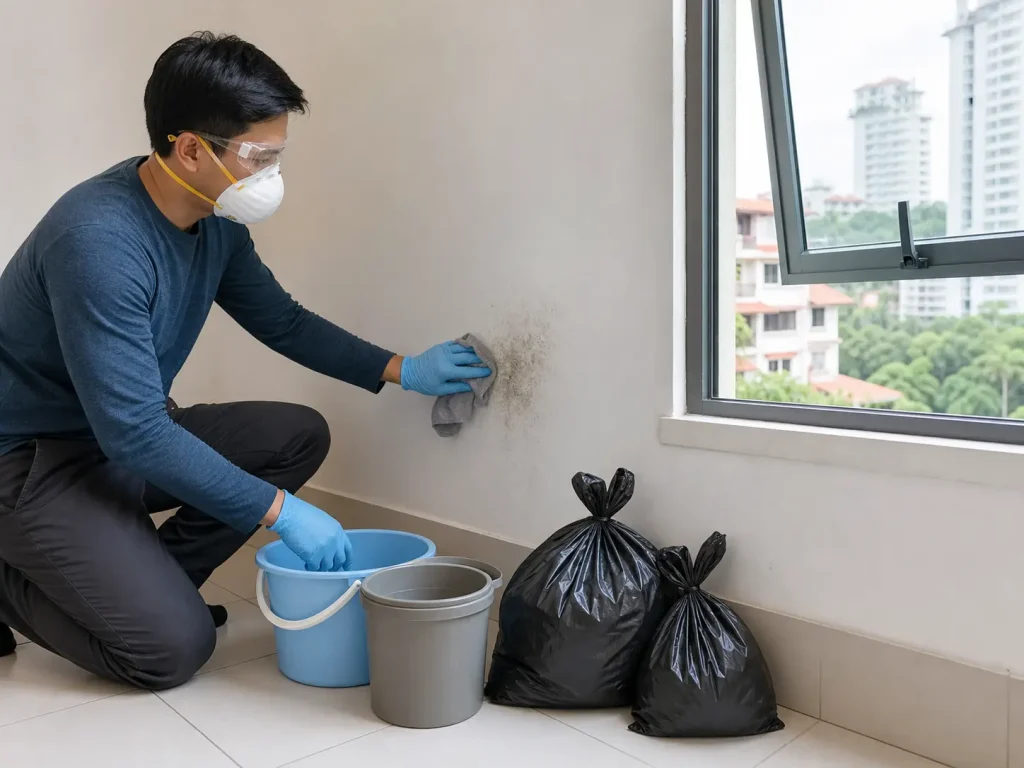 Malaysian homeowner safely wiping a small mould patch from a washable painted masonry wall