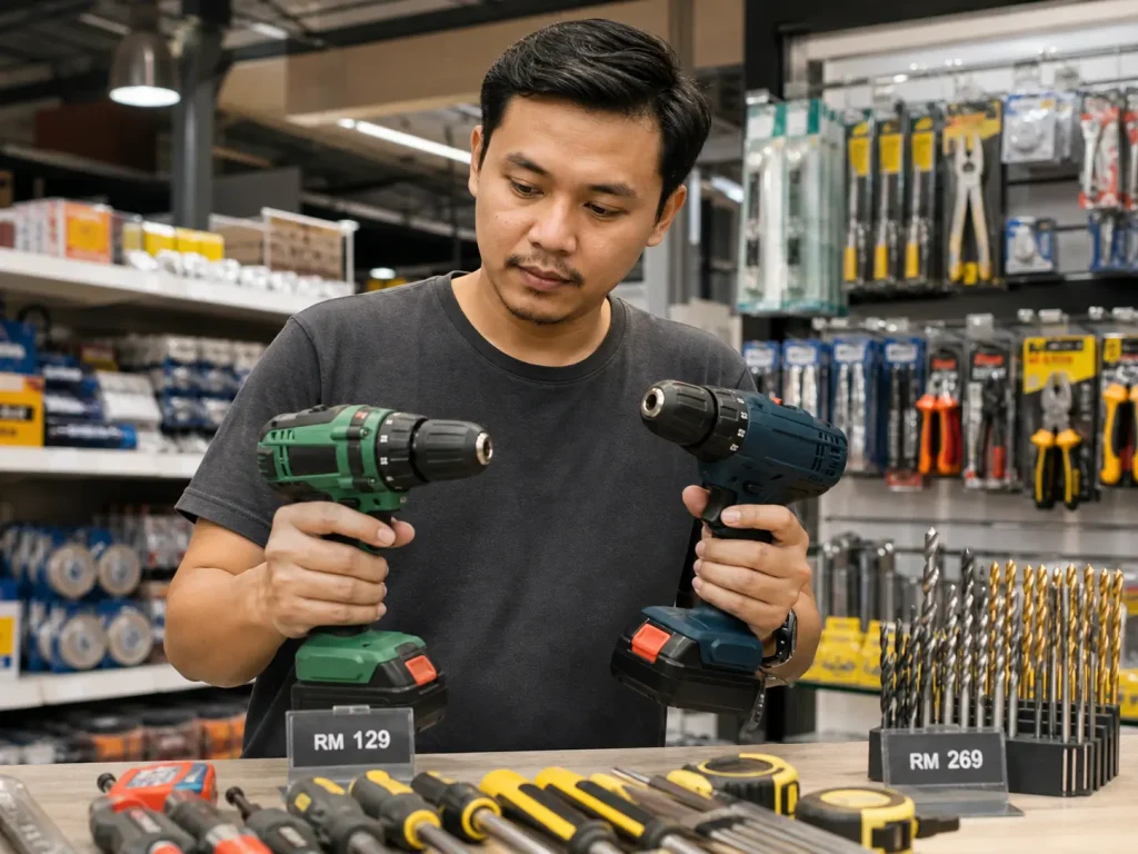 Malaysian homeowner comparing two drills and hand tools on a hardware store counter