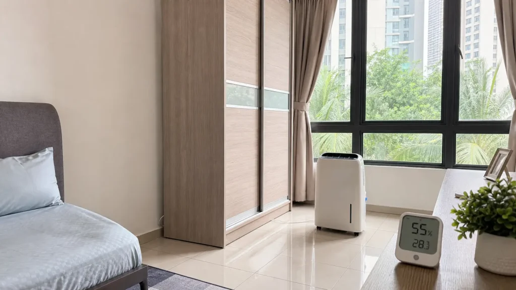 Digital hygrometer and improved airflow helping prevent wall mould in a Malaysian bedroom