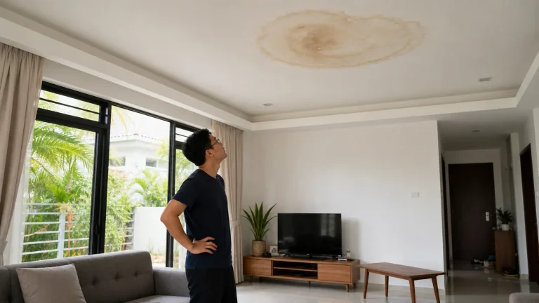 Malaysian homeowner examining a brown water stain on a white living-room ceiling