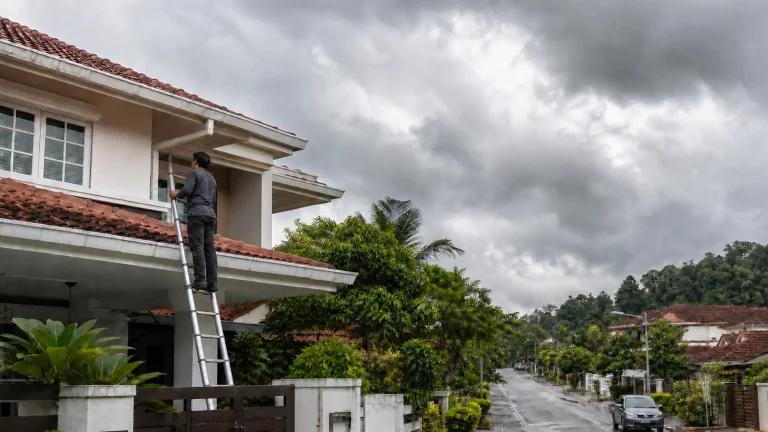 Malaysian terrace house roof under monsoon clouds as a homeowner checks for a possible leak