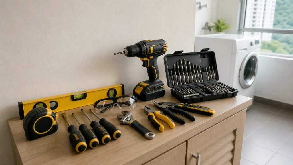 Mid-range home repair tool kit arranged neatly in a Malaysian apartment utility area