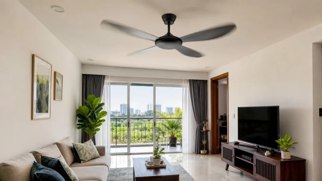 Newly installed ceiling fan running smoothly in a bright Malaysian living room