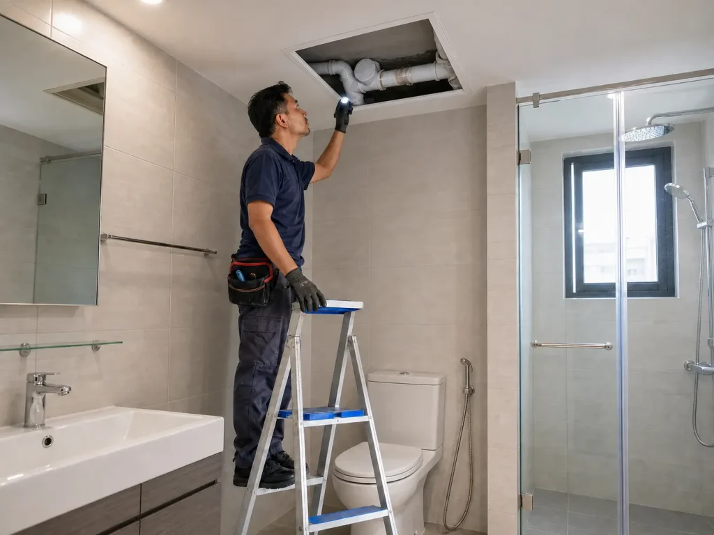 Malaysian plumber inspecting concealed waste pipes above a condominium toilet ceiling