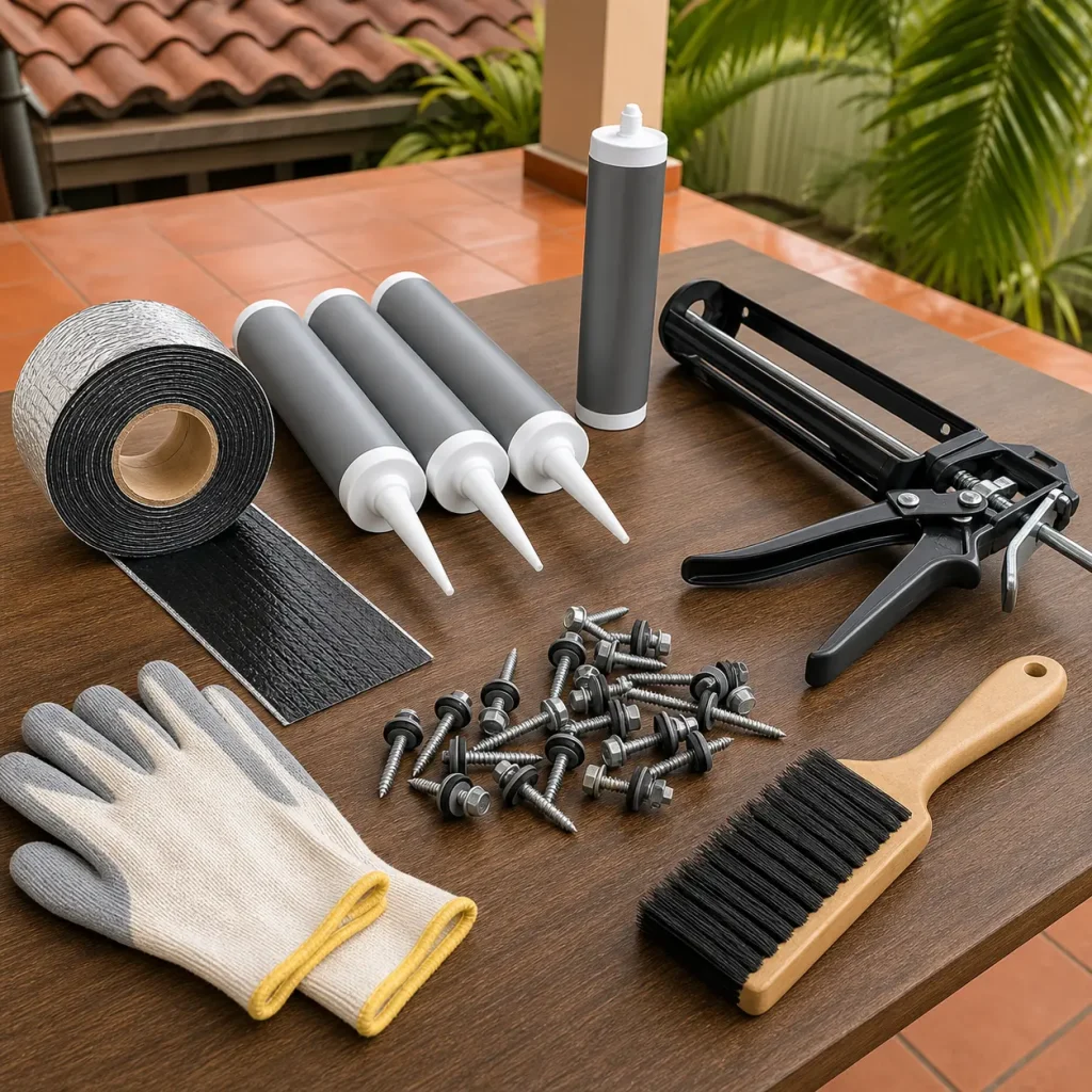 Roof sealant, butyl tape and basic repair tools arranged for a Malaysian home leak repair