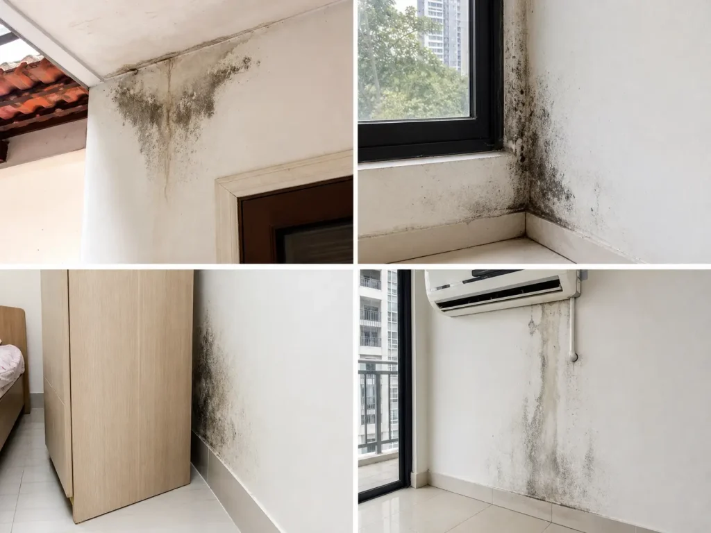 Common wall mould patterns near a window, ceiling, wardrobe and air-conditioner in Malaysian homes